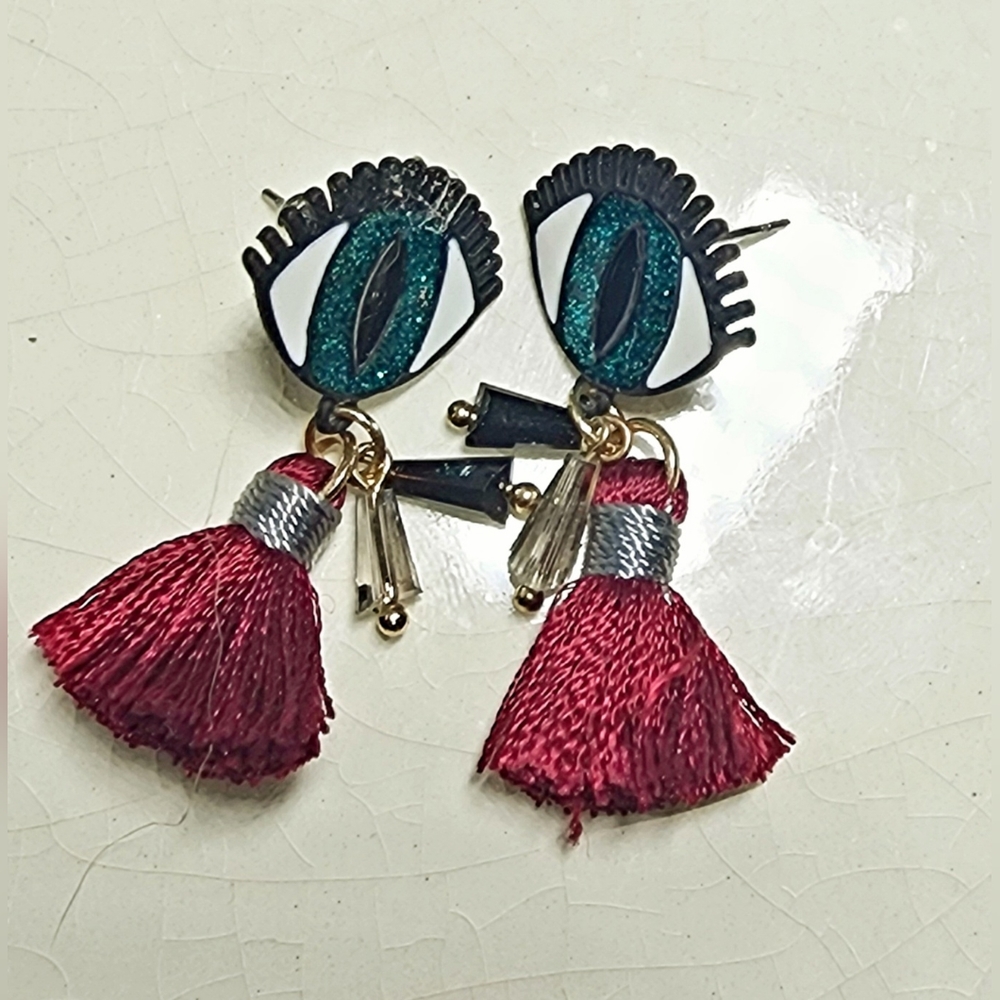 Small green evil Eye with gemstones and maroon tassels earrings